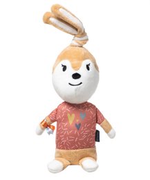 Soft plush toy of a rabbit character in a patterned shirt, with a cloth bag and music box functionality. Suitable for babies and young children.