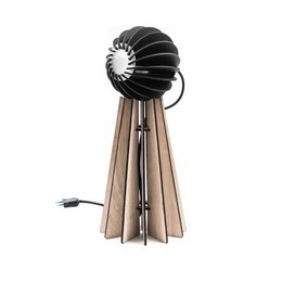 Oculus desk lamp, a modern and adjustable table lamp with a dark wood base and a round, fan-shaped light fixture. Available in different wood finishes and with or without a cord dimmer.
