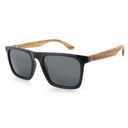  Black rectangular sunglasses with wooden temples. Stylish and durable sunglasses for everyday wear.