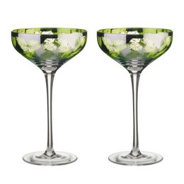 Set of 2 tropical leaves champagne saucers with green and clear glass design.