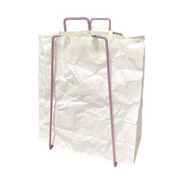 A white paper bag holder with lavender-colored handles. The bag is made of a crinkled, textured material and has a simple, minimalist design.