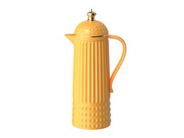 A yellow, textured thermos bottle with a gold-colored lid and handle. The bottle has a unique, ribbed design that adds visual interest.