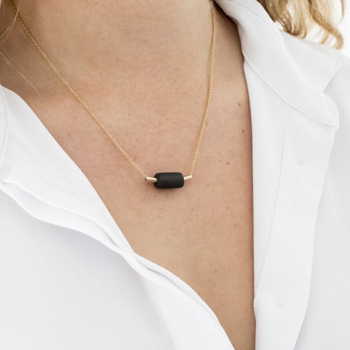 Gold Necklace - Gold Tube & Black Bead