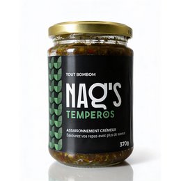  "Nag's Temperos spice mix, dark glass jar with gold lid, green herb label, gourmet seasoning blend"