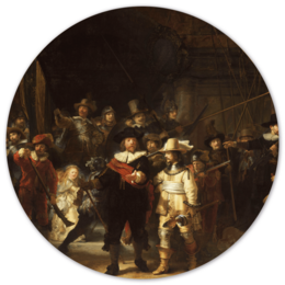 Circular wall art featuring Rembrandt's famous painting "The Night Watch" in various sizes and materials including Forex and Dibond.