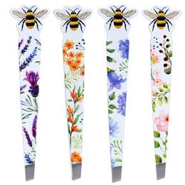Colorful floral tweezers with bee designs, suitable for hair removal. Available in various vibrant flower patterns.