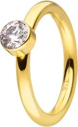A gold ring with a round, clear stone set in a simple, elegant design. The ring has a classic, timeless style that would complement a variety of outfits.