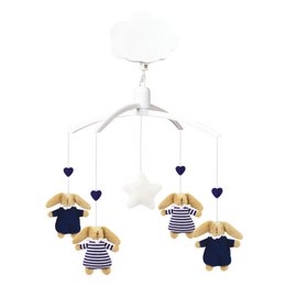 A musical mobile with a navy blue and striped rabbit-themed design, featuring hanging plush rabbits in navy and white striped outfits.