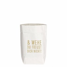 Small white paper bag with gold text "& wehe du glaubst dich nicht!"