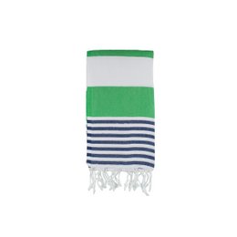 This striped green and white bathroom towel is made of soft, absorbent material. It features a classic striped pattern with navy blue and white stripes, adding a stylish touch to any bathroom decor.