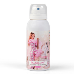  Deodorant spray for kids, featuring a floral design and a photo of a young woman. The deodorant is scented and provides protection against body odor.