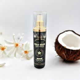  Organic Monoi Dry Oil Spray with 4 oils. Nourishing and moisturizing formula with coconut, argan, and other natural oils. Ideal for body and hair.