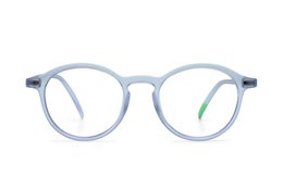 Round, light blue eyeglasses with a classic, vintage-inspired design. Suitable for reading or everyday wear.