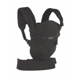  A black baby carrier made of 100% cotton that grows with the child. The carrier has adjustable straps and can hold up to 15 kg.