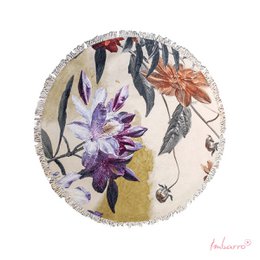 Vibrant floral rug with large purple and yellow flowers, leaves, and stems on a light background. The rug has a round shape with a fringed edge.