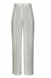 Straight-leg wool trousers in light grey, made in Italy. Features a pressed crease for a tailored look. Available in sizes 40, 42, and 44.