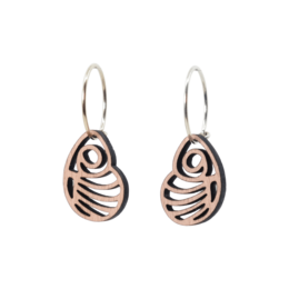 Teardrop-shaped hoop earrings in silver and rose gold tones with a swirling, abstract pattern design.