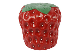  A red, round stool with a strawberry design, measuring 30cm in width, 30cm in depth, and 31.5cm in height.
