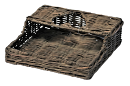 Woven wicker napkin holder with a heart-shaped cutout design, suitable for holding napkins or other small items on a table or countertop.