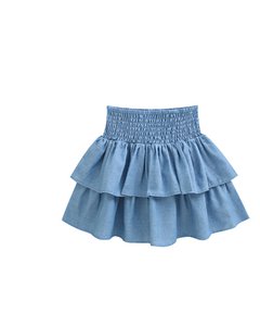 Blue girl's skirt with ruffles and honeycomb smocking at the waist O42-29604191