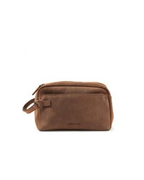 A brown leather toiletry bag with multiple zippered compartments, suitable for storing makeup, toiletries, and other personal items.