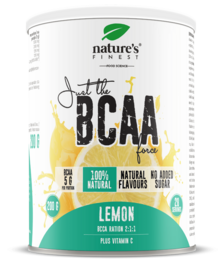 Lemon-flavored BCAA powder supplement containing natural branched-chain amino acids to support muscle recovery and performance.