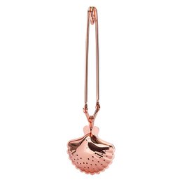 Rose gold tea infuser with perforated shell design, ideal for loose leaf tea.