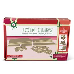  Tan and red building block expansion set with wooden clips for connecting blocks.