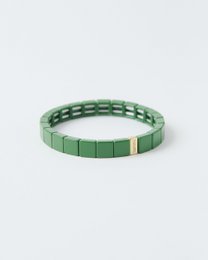  Green jade beaded bracelet with rectangular stone beads and gold accent clasp, stretchy style.