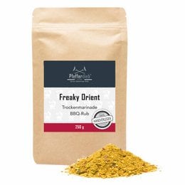 Freaky Orient dry marinade BBQ rub, 250g. A blend of spices including paprika, garlic, and onion for a bold, flavorful seasoning.