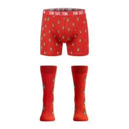 Red boxer shorts with repeating "Hot Sip Hot" text and soda can graphics. Made of cotton material. Available in sizes S/41-46, M/41-46, L/41-46, XL/41-46.