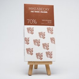 Dark chocolate bar with 70% cacao from Belize, featuring a textured pattern on the packaging.