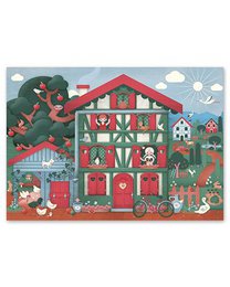 "Colorful poster depicting a traditional Alsatian house with various decorative elements and characters. Suitable for wall art in a home or office setting."