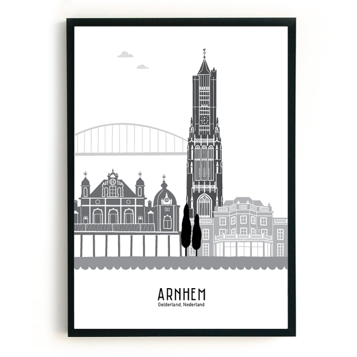 Poster skyline Arnhem zwart-wit-grijs
