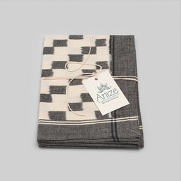 Torchon, ikat tissé à la main, motif bloc avec bordure en gris / écru
