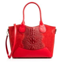 A large, red leather tote bag with a crocodile-embossed pattern and suede accents. The bag features two top handles and a detachable shoulder strap for versatile carrying options.