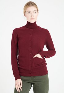 LILLY 4 Round neck cardigan in burgundy red fitted cashmere