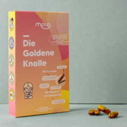 Dietary supplement in a yellow and pink box with icons indicating natural ingredients and health benefits.