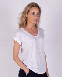  Lightweight, off-white linen t-shirt with a v-neck and short sleeves.
