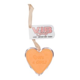 Heart-shaped soap bar in salmon color with "It's a girl" text. Made of natural ingredients.
