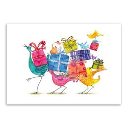 Colorful birthday parade with gift boxes, birds, and butterflies. Includes a variety of bright colors, shapes, and patterns.