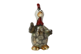 Decorative ceramic figurine of a rooster with a red crest, standing on a base. The rooster has a brown and white speckled body with details in red, black, and yellow.