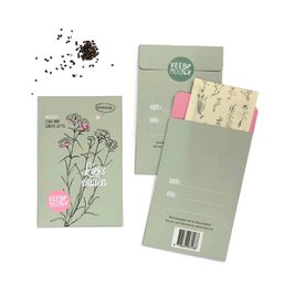 Flower seeds 'Love Sowing' - Colorful floral illustration on seed packet with pink and green accents, featuring delicate flowers and seeds.