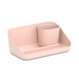 Blush pink desktop organizer with compartments and cup holder, modern minimalist design for office storage.