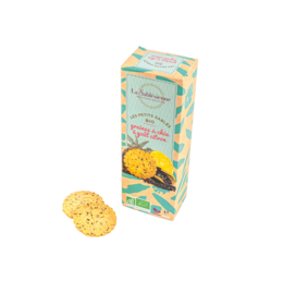 Organic and vegan lemon and chia seed shortbread cookies in a 110g cardboard box. Colorful, patterned packaging featuring images of lemons and chia seeds.