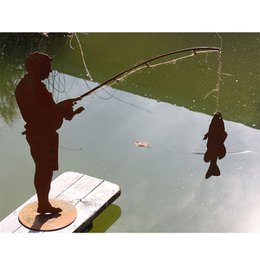 Decorative pond figure of a fisherman "Otmar" with fish, a Father's Day gift idea for fishing enthusiasts, made with a patina finish.