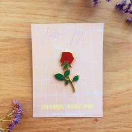 Red rose pin with green leaves, hard enamel floral brooch.