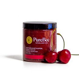 Cherry body scrub in a 100g or 250g jar, made with natural ingredients including cherry extracts.