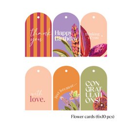  Colorful greeting cards with floral designs, text, and shapes. Set of 6 designs with 10 cards per design. Suitable for various occasions like birthdays, thank you, and love.