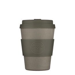 A reusable travel cup made of durable, eco-friendly material in a neutral gray color. The cup has a secure lid and is suitable for hot and cold beverages.